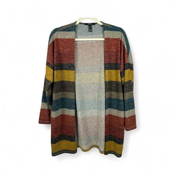 Forever 21 Sweaters - Forever 21 Colorblock Striped Open Front Longline Cardigan